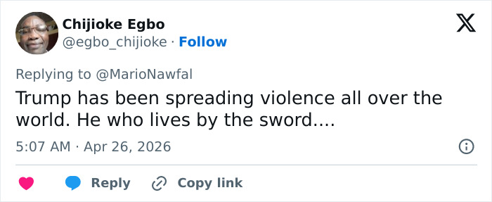 A tweet from Chijioke Egbo mentioning Donald Trump and violence, discussing a lesson.