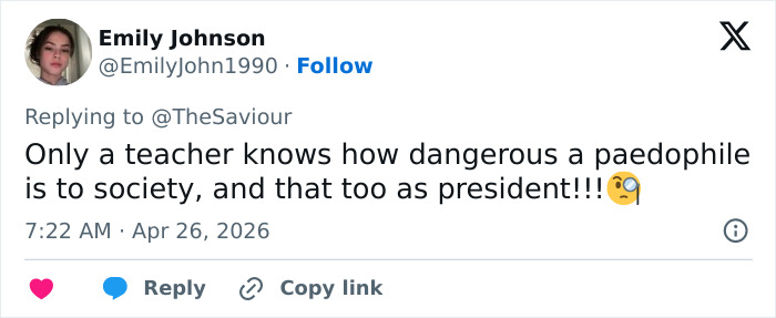 A social media post by Emily Johnson, a teacher, containing text about the dangers a certain individual poses to society.