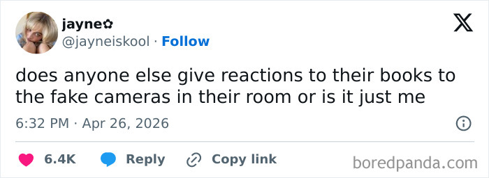A tweet from Jayne asks if anyone else reacts to books for fake cameras, offering hilarious insights for warm spring weather.