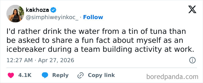 A humorous tweet about preferring tuna water over icebreakers. One of the Hilarious Tweets for Warm Spring Weather and Sunny Days.