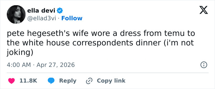Pete Hegseth's Wife Faces Backlash Over "Temu" Dress For White House Correspondents' Dinner