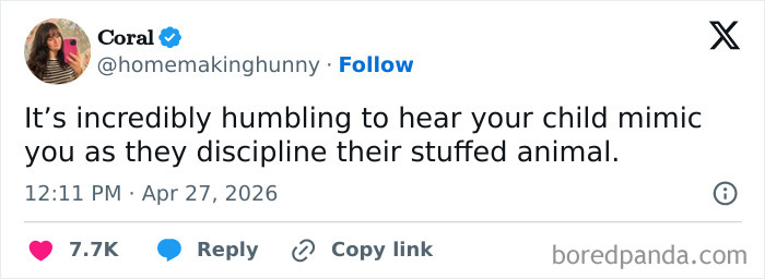 A tweet from Coral about children mimicking parents, a hilarious tweet inspired by warm spring weather.
