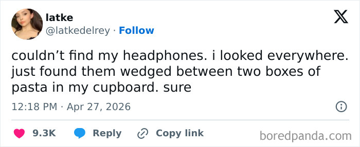 A hilarious tweet about finding headphones in a cupboard with pasta. A relatable moment inspired by warm spring weather.