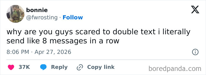 A tweet from user Bonnie asking why people are scared to double text, part of a collection of hilarious tweets.