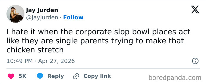 Jay Jurden's hilarious tweet about corporate slop bowls, perfect for sunny days and warm spring weather.