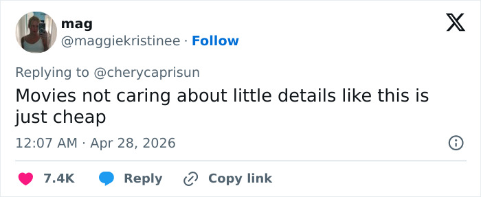 A screenshot of a tweet by user @maggiekristinee, complaining about cheap movie details. Could this be an Enola Holmes 3 blunder?