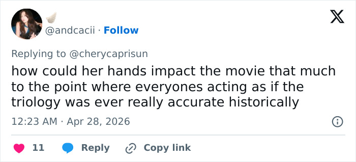 A tweet from @andcacii about the Enola Holmes 3 blunder. It asks how hands impact a movie and historical accuracy.