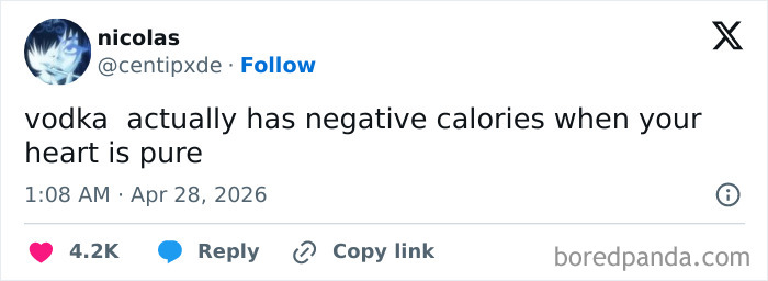 A hilarious tweet by Nicolas about vodka's calories, perfect for Spring Weather and sunny days.