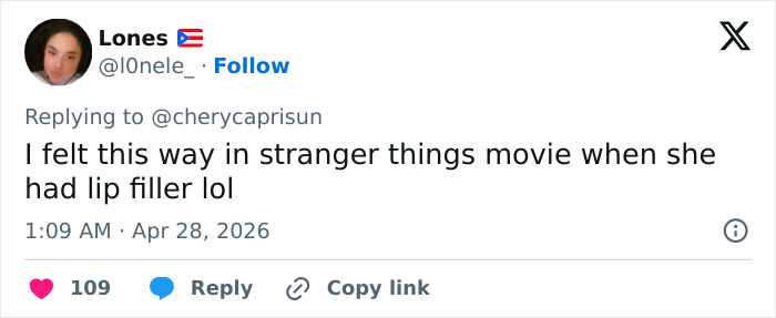 A Twitter comment from "Lones" about lip filler in a "stranger things movie," connecting to Millie Bobby Brown and Enola Holmes 3.
