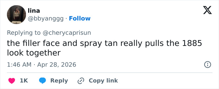 A tweet by @bbyanggg, Lina, comments on a look: "the filler face and spray tan really pulls the 1885 look together," possibly referencing Enola Holmes 3.