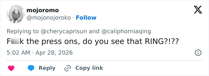 A Twitter post from "mojoromo" discussing a ring, potentially related to Millie Bobby Brown's Enola Holmes 3 blunder.