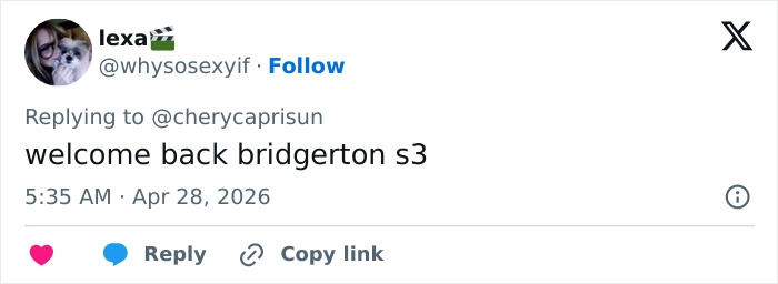 A Twitter screenshot showing a user's reply, 'welcome back bridgerton s3,' related to Millie Bobby Brown's Enola Holmes 3.
