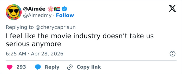 A tweet by @Aim&eacute;e, profile pic a smiley with sunglasses, reads, "I feel like the movie industry doesn't take us serious anymore." Possible Enola Holmes 3 blunder.