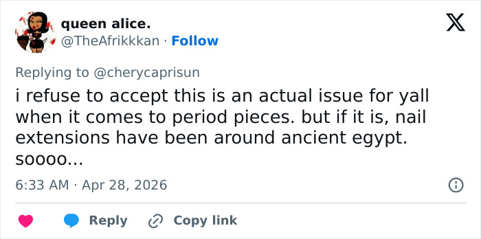 A tweet from queen alice regarding a blunder in Millie Bobby Brown's Enola Holmes 3, discussing historical nail extensions.