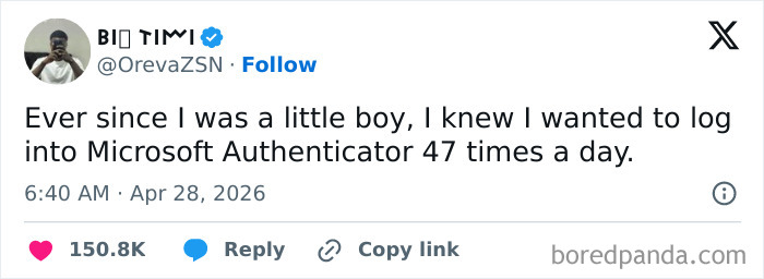 A hilarious tweet from @OrevaZSN about logging into Microsoft Authenticator, capturing the essence of funny tweets.