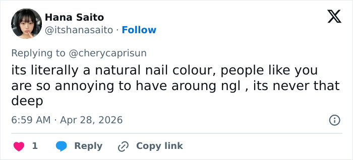 A social media post from Hana Saito discussing natural nail color, potentially related to an Enola Holmes 3 blunder.