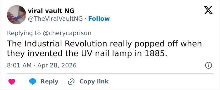 A tweet from "viral vault NG" humorously claims the Industrial Revolution began with the UV nail lamp in 1885. Enola Holmes 3 blunder.