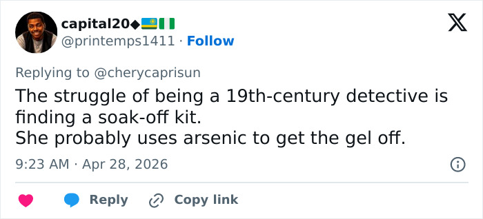 A tweet pondering nail care for a 19th-century detective, hinting at a potential Enola Holmes 3 blunder.