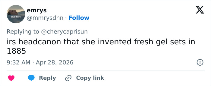 A tweet from emrys headcanoning that a character from Enola Holmes 3 invented fresh gel sets in 1885.