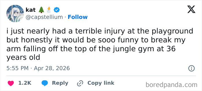 A tweet from user 'kat' discussing a near injury at a playground, exemplifying hilarious tweets inspired by spring weather.