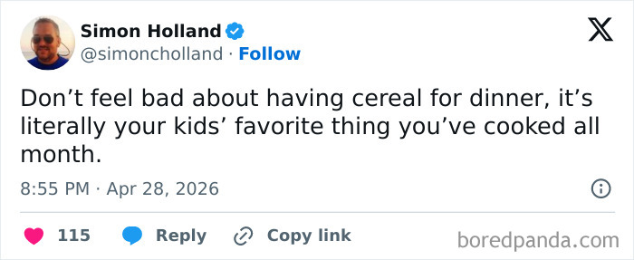 A Simon Holland tweet about cereal for dinner being kids' favorite meal, part of hilarious tweets from warm spring weather posts.