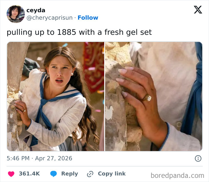 Millie Bobby Brown as Enola Holmes, a young woman with modern gel nails in a historical setting, creating hilarious tweets.
