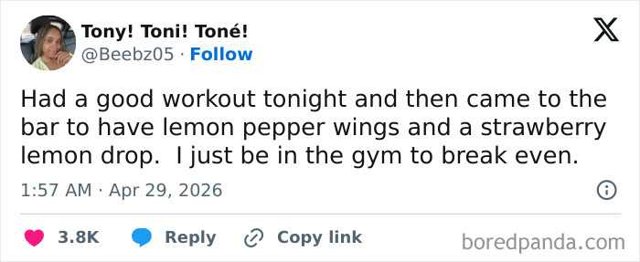 A tweet from @Beebz05 about working out then eating wings and a drink. A hilarious tweet inspired by spring weather.