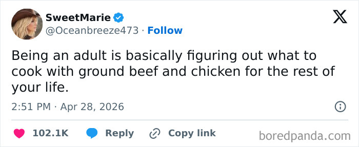A tweet from SweetMarie about adulting and cooking, one of many hilarious tweets inspired by warm spring weather.