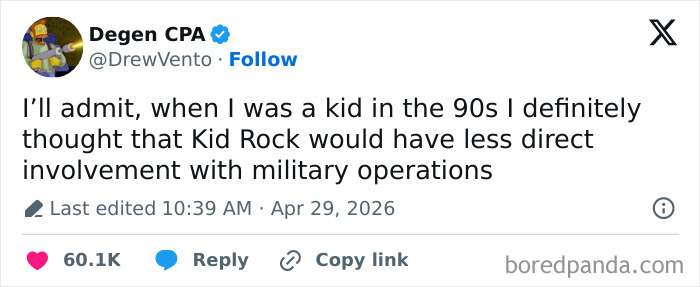 A humorous tweet from @DrewVento about Kid Rock, part of a collection of hilarious tweets reflecting warm spring weather and sunny days.