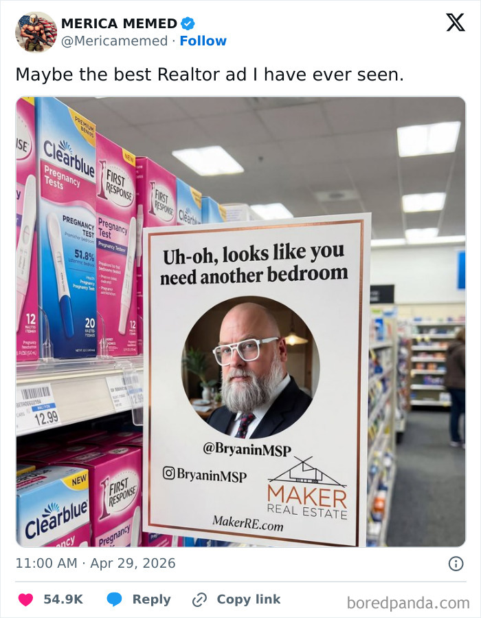 Hilarious tweet featuring a Realtor ad next to pregnancy tests. The ad reads, "Uh-oh, looks like you need another bedroom."