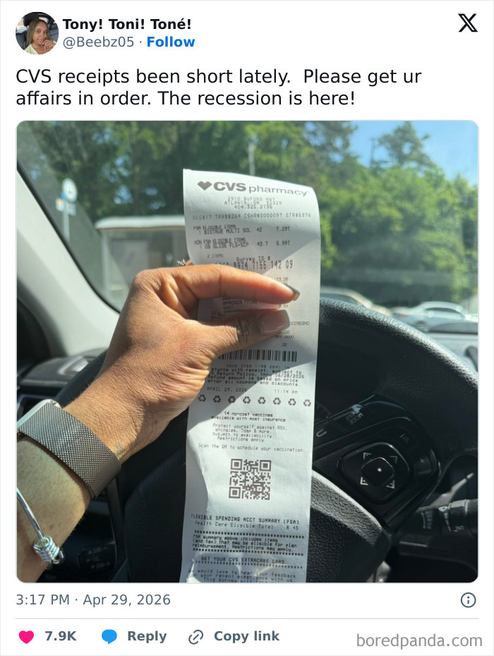 A hand holding a long CVS receipt, with a tweet about shorter receipts during recession, illustrating a hilarious tweet.