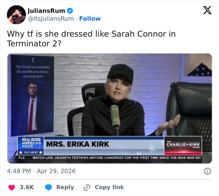 “Vestida como Sarah Connor em Terminator 2”: Erika Kirk quebra o silêncio após ataque WHCD