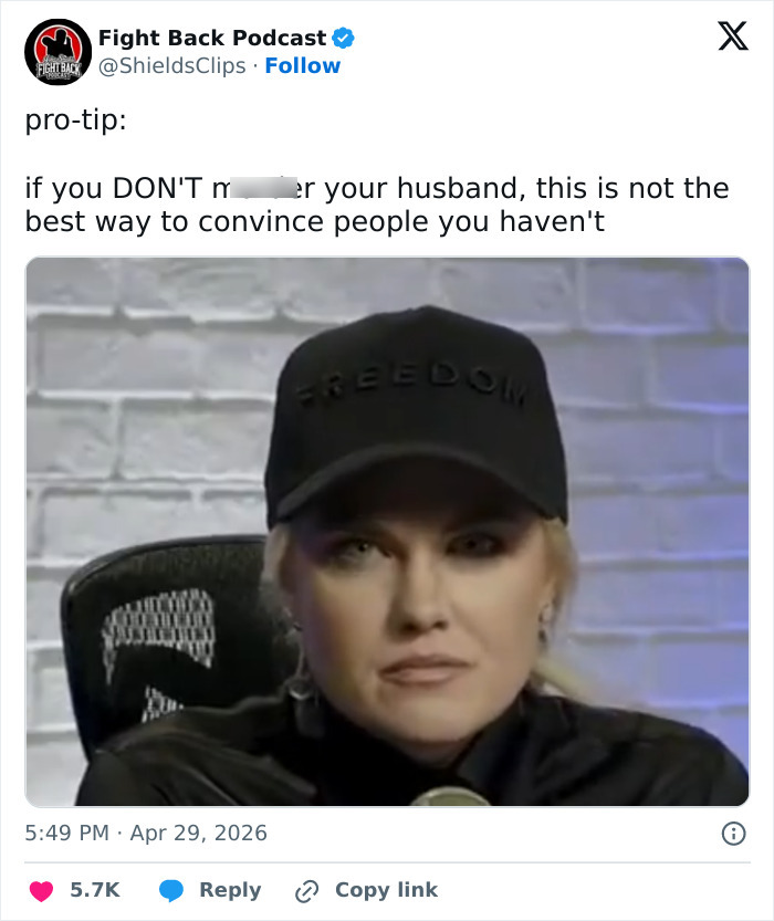 Erika Kirk in a controversial video, wearing a black cap, with a blurred text above. The internet roasts her.