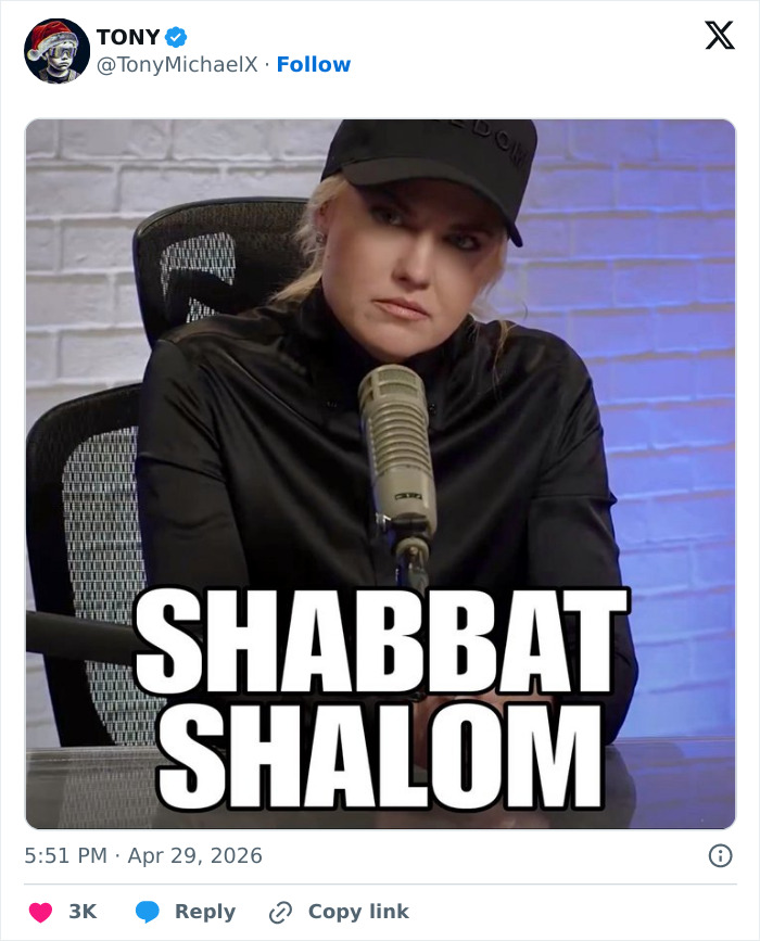 Erika Kirk, wearing a black shirt and cap, looks at the camera with a microphone in front. Text says "Shabbat Shalom."