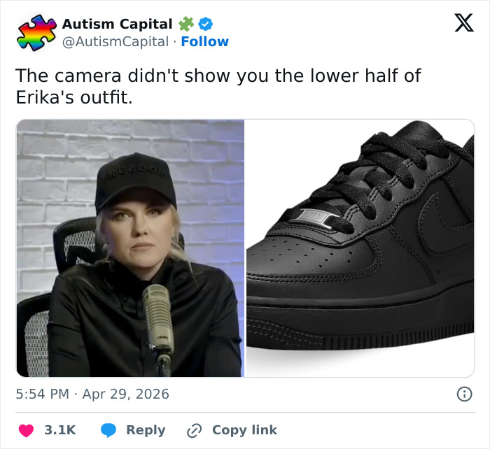 Erika Kirk in a black cap and shirt, next to a black Nike sneaker, referencing her controversial video.