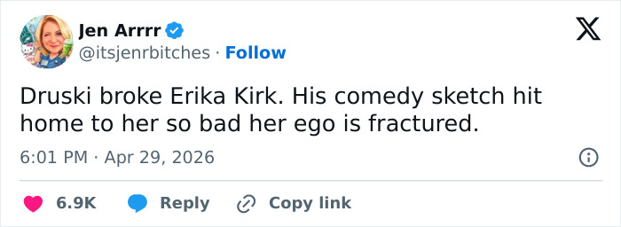 A Twitter post from Jen Arrrr about Erika Kirk and a controversial video. The internet roasts Erika Kirk.