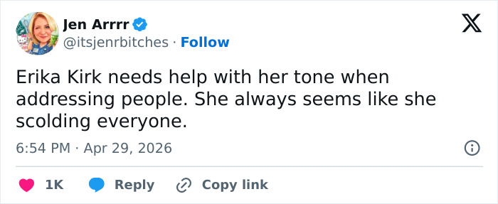 A tweet by Jen Arrrr criticizing Erika Kirk's tone. The internet roasts Erika Kirk after her controversial video.