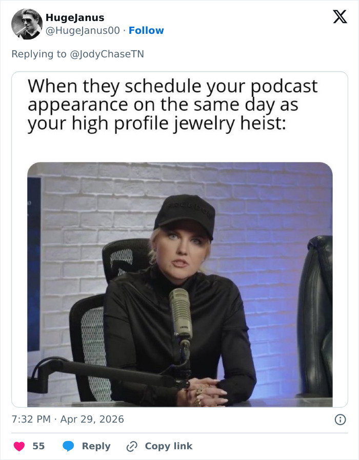 A Twitter meme featuring Erika Kirk in a podcast setting, capturing the internet roasting and controversy surrounding her video.
