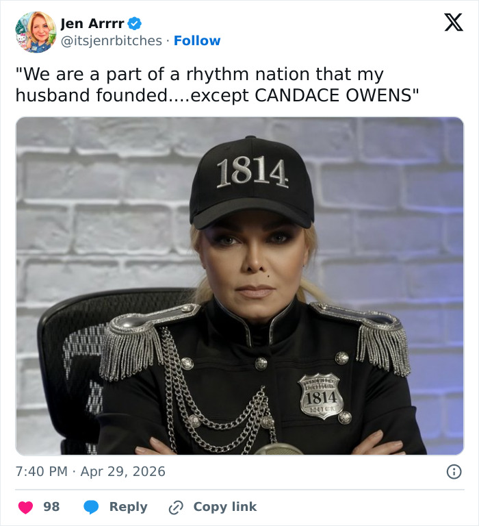 Erika Kirk in military-style attire and 1814 hat, from her controversial video that the Internet roasts.