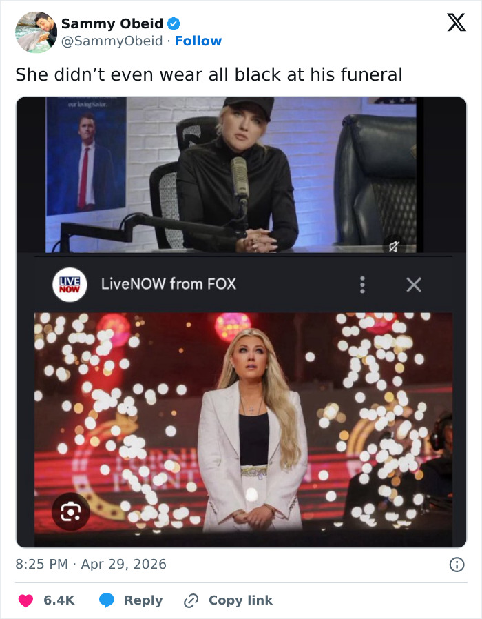 A Twitter post featuring Erika Kirk's controversial video. She appears in two different outfits, sparking online reactions.