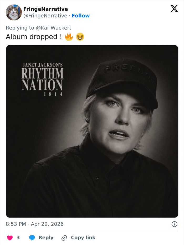 A controversial video of Erika Kirk in a Janet Jackson Rhythm Nation inspired photo, wearing a Freedom cap, sparks debate.