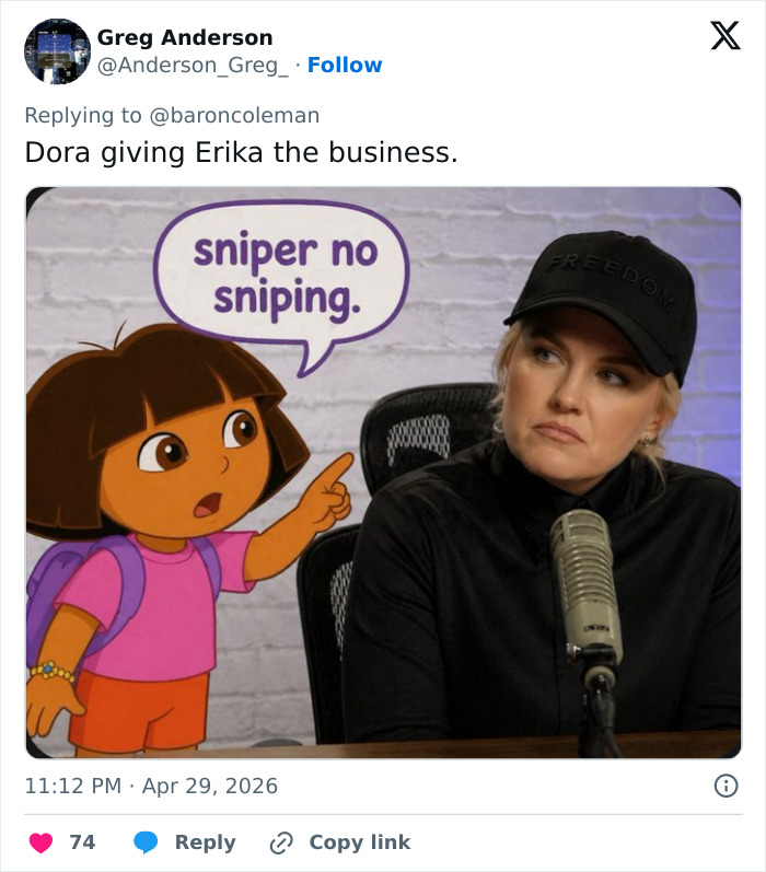 A meme showing Dora the Explorer pointing at Erika Kirk, with a speech bubble saying 'sniper no sniping'. The internet roasts her brutally after the controversial video.