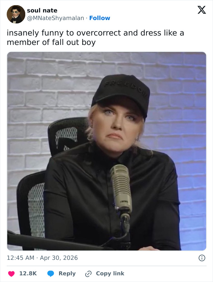 Erika Kirk in a black shirt and cap with a microphone, looking serious. The internet roasts her video.