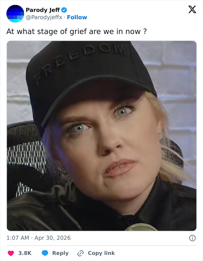 Erika Kirk in a black Freedom cap, with wide blue eyes, after a controversial video that caused internet roasting.