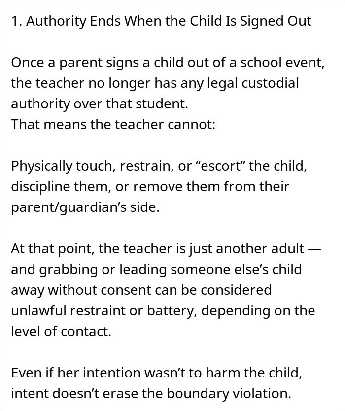 Text explaining teacher authority ends when child is signed out, highlighting teacher grabbing kids without consent issues.