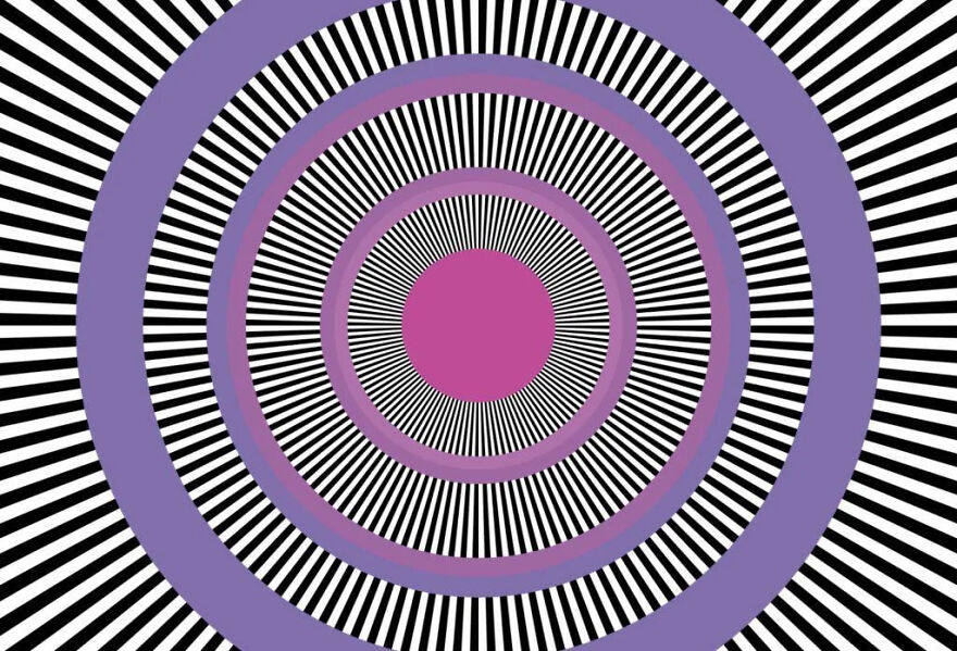 Concentric purple and pink rings over black and white radial stripes, creating a brain-bending optical illusion.