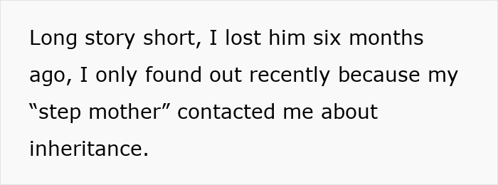 Text on screen explaining a daughter&rsquo;s discovery about inheritance after estranged dad&rsquo;s passing and stepmom&rsquo;s demands.