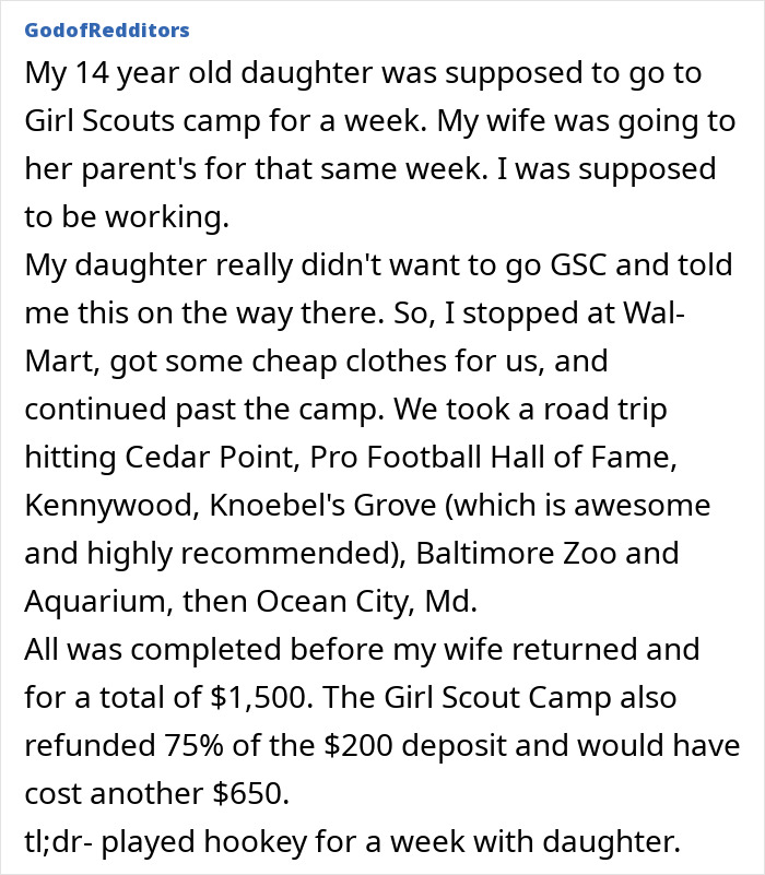Dad shares a secret about skipping Girl Scouts camp to take a road trip with daughter, one of many secrets dads keep from moms.