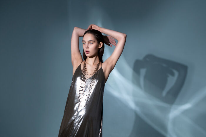 A woman in a metallic silver dress with her wet hair pulled back, arms raised. A reflection of celebrity relatives.
