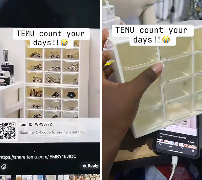 Temu order showing a jewelry organizer versus a poorly made product with broken compartments and a disappointed user.